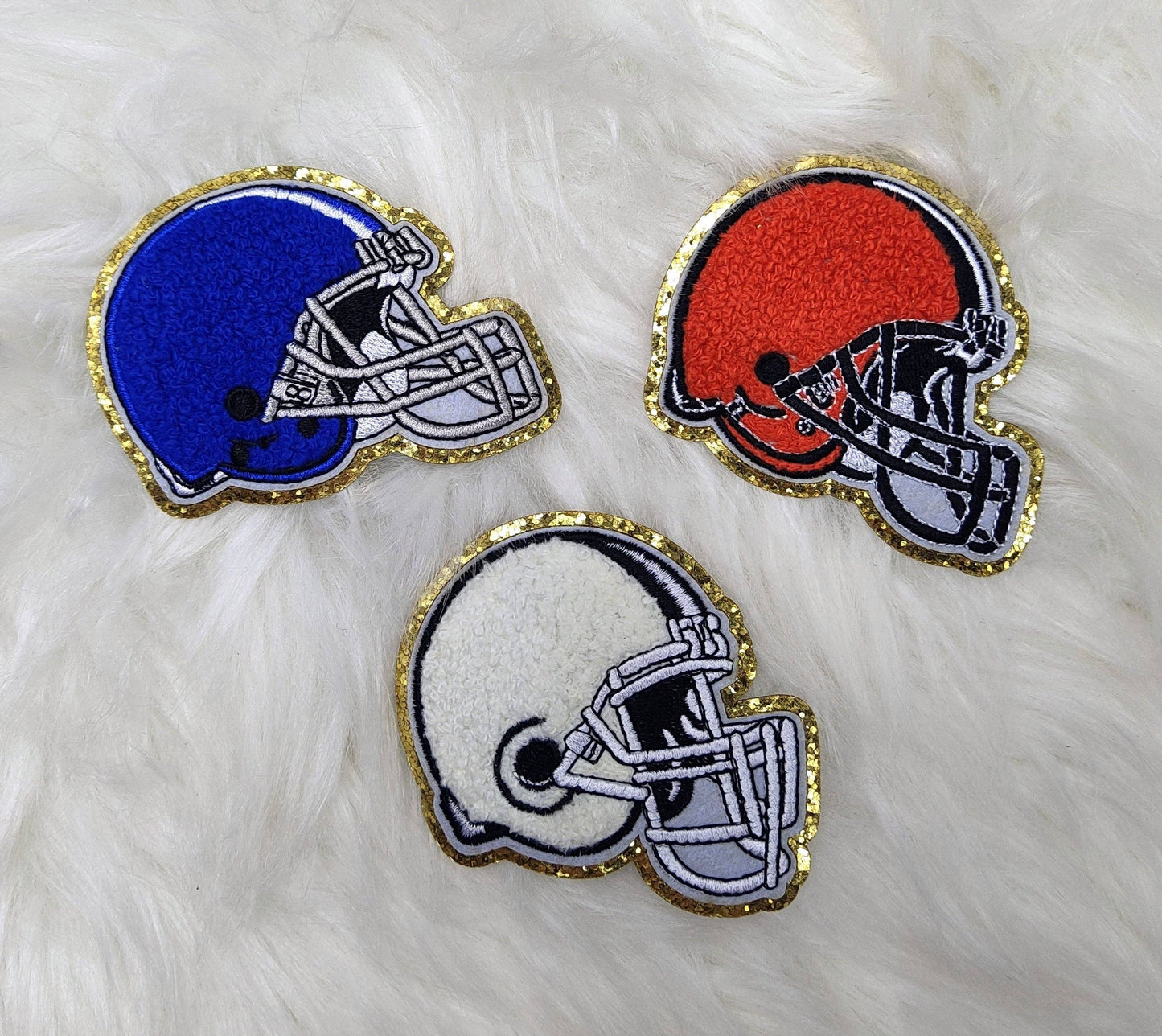 Small Helmet Chenille Glitter Gold Iron On Patch: Orange
