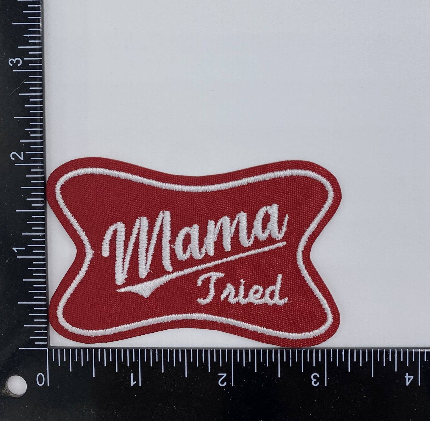 Mama Tried, Red, Embroidered Iron on Patch