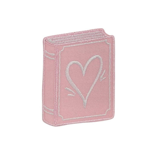 Book with Heart, Pink Embroidered Iron on Patch