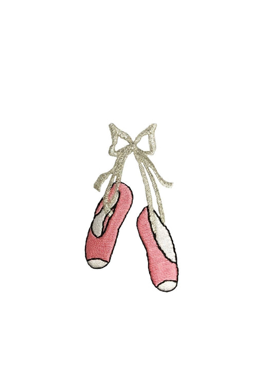 Ballet Slippers - Pink - Silver Bow - Iron on Applique - Embroidered Patch