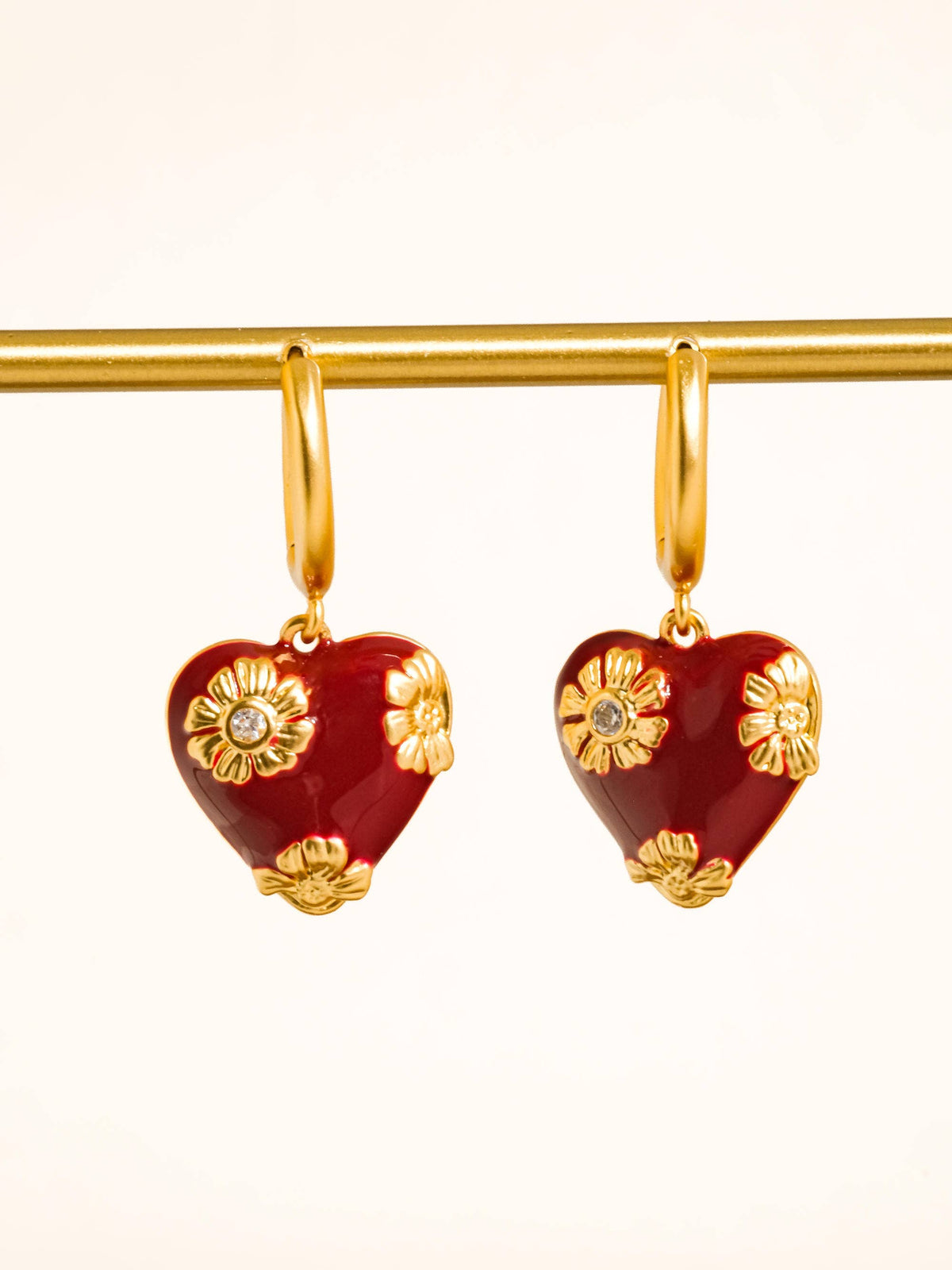 Bea 18K Gold Vintage Floral Heart Earrings: Red