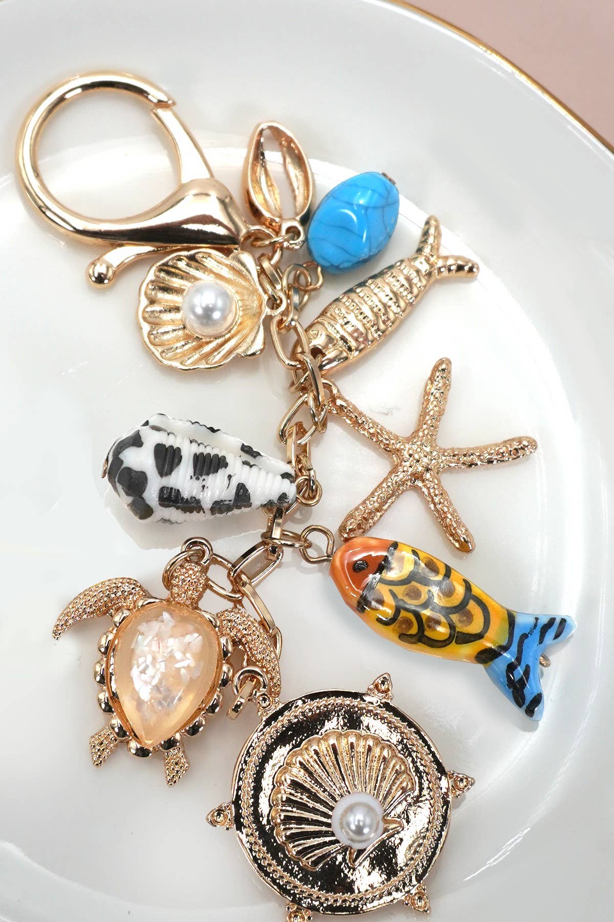 BAG CHARM-OCEAN PORCELAIN FISH SEA SHELL STARFISH