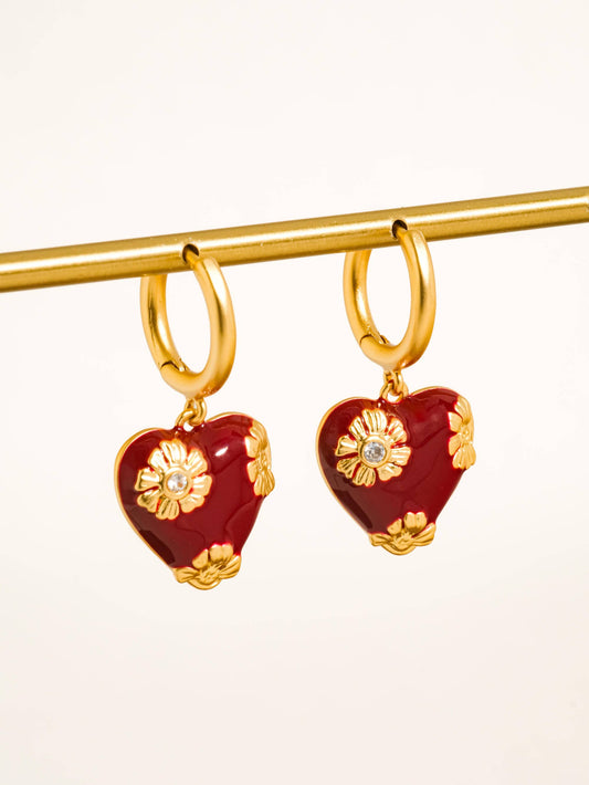 Bea 18K Gold Vintage Floral Heart Earrings: Red
