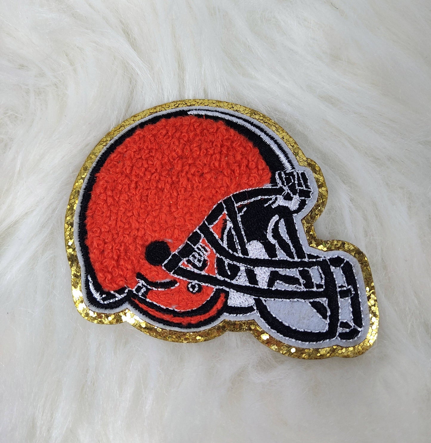 Small Helmet Chenille Glitter Gold Iron On Patch: Orange