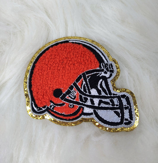 Small Helmet Chenille Glitter Gold Iron On Patch: Orange