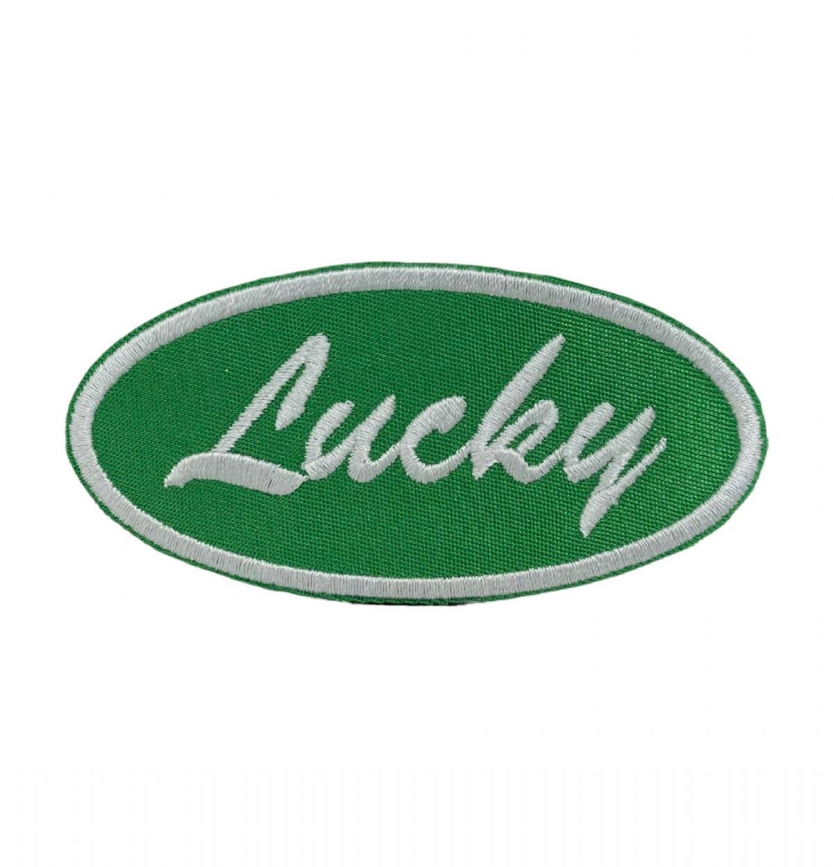Lucky in Oval, Green, White, Embroidered Iron on Patch