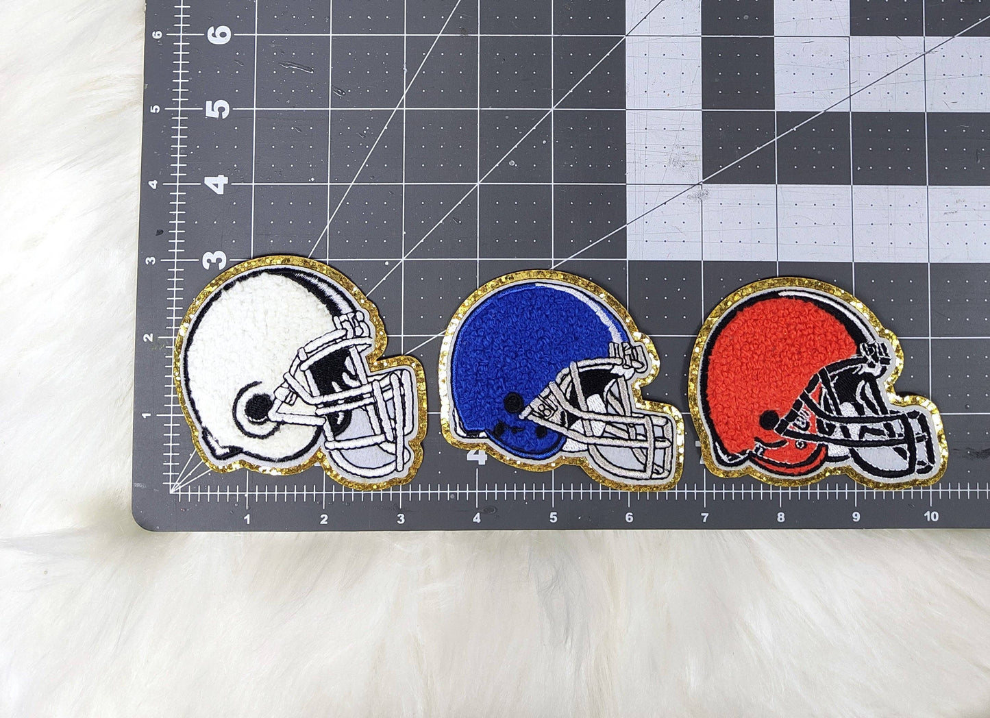 Small Helmet Chenille Glitter Gold Iron On Patch: Orange