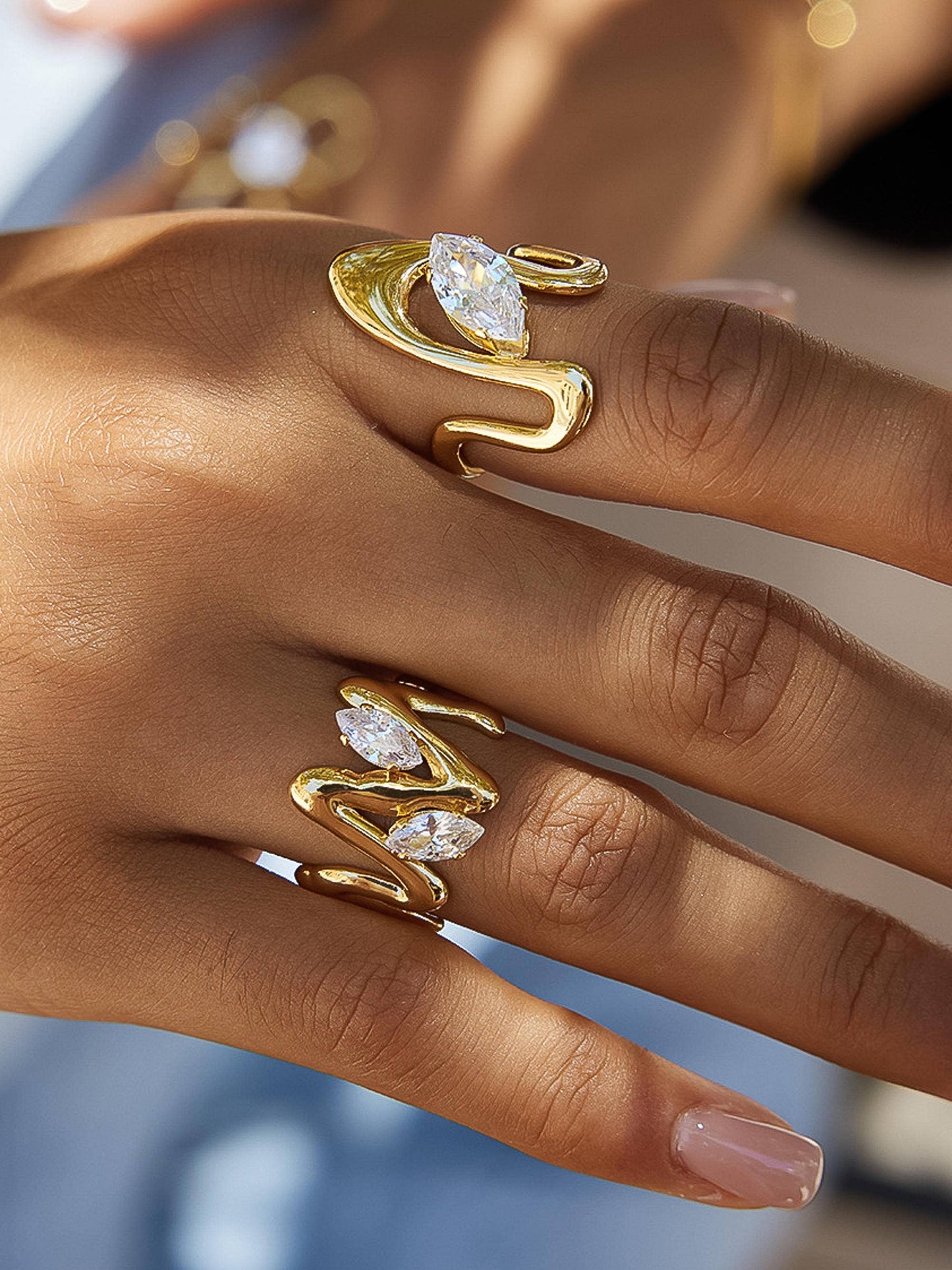 Lumi 18K Gold Non-Tarnish Abstract CZ Open Ring: Yellow Gold