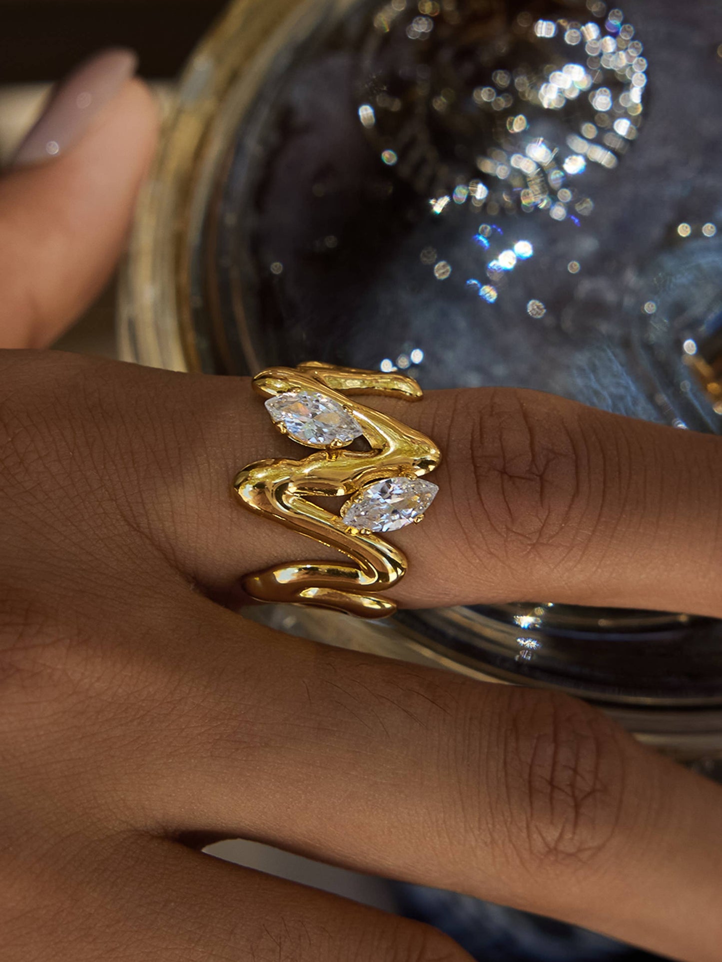 Lumi 18K Gold Non-Tarnish Abstract CZ Open Ring: Yellow Gold