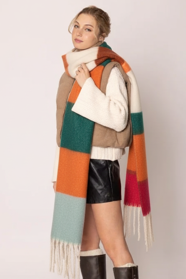 Sherrie Multi Stripe Cozy Scarf With Fringe