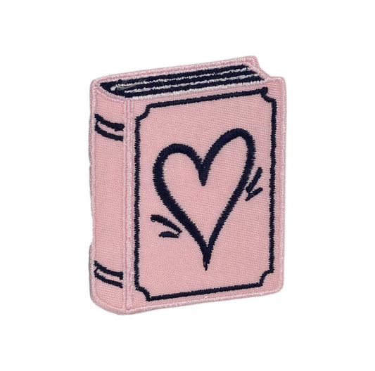 Book with Heart, Pink and Navy Embroidered Iron on Patch