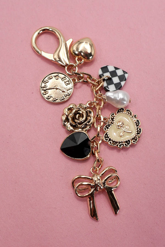 BOW CHECKER HEART FLOWER BAG CHARM