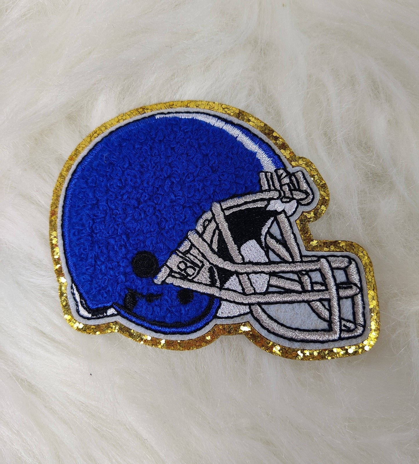 Small Helmet Chenille Glitter Gold Iron On Patch: Orange