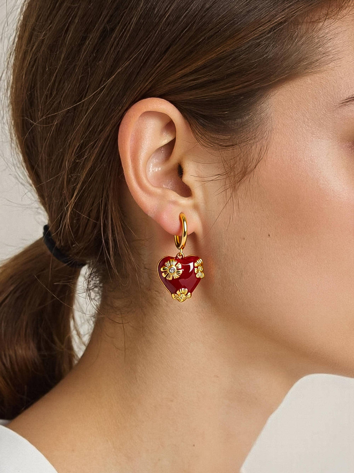 Bea 18K Gold Vintage Floral Heart Earrings: Red