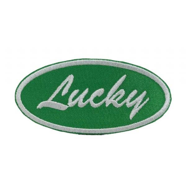 Lucky in Oval, Green, White, Embroidered Iron on Patch