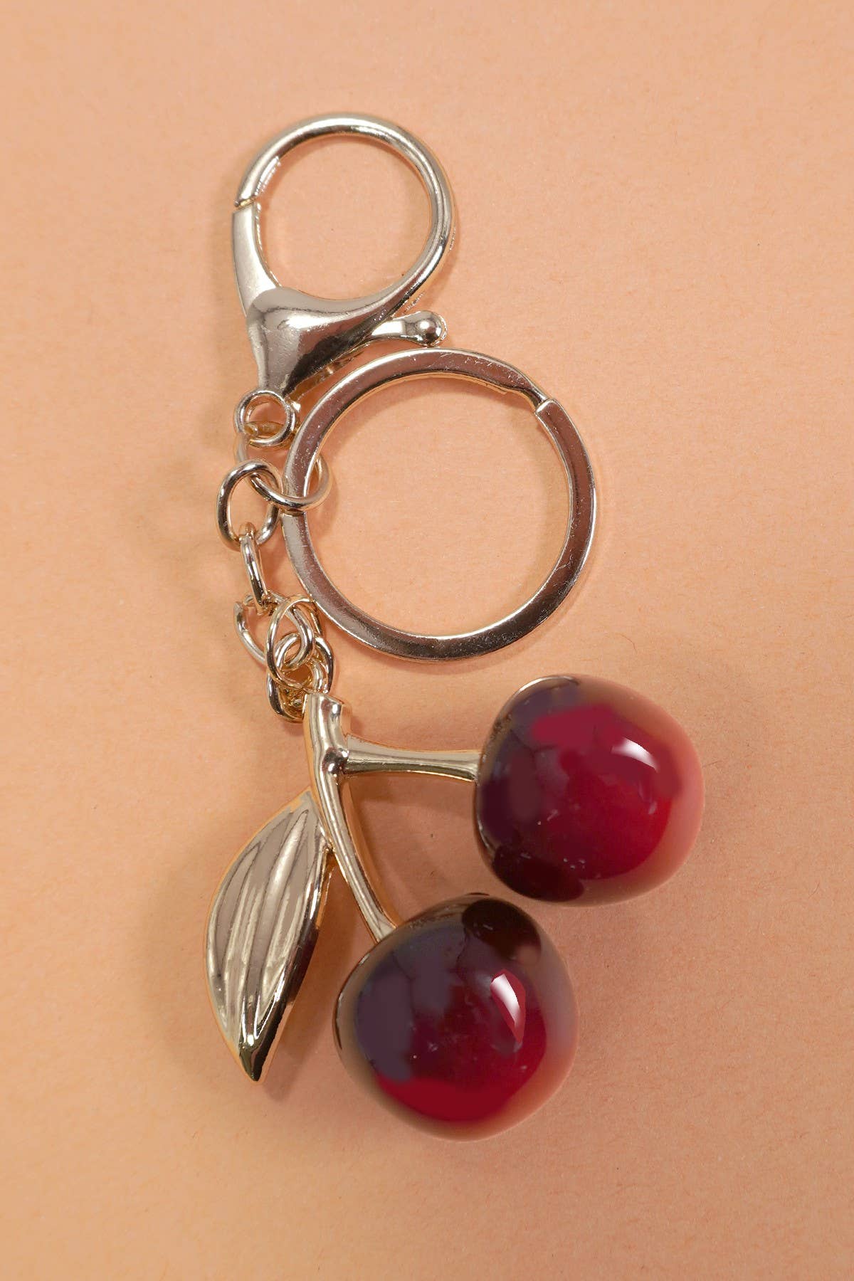 SHINY CHERRY DROP WITH LEAF KEYCHAIN BAG CHARM