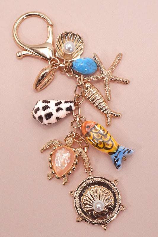BAG CHARM-OCEAN PORCELAIN FISH SEA SHELL STARFISH