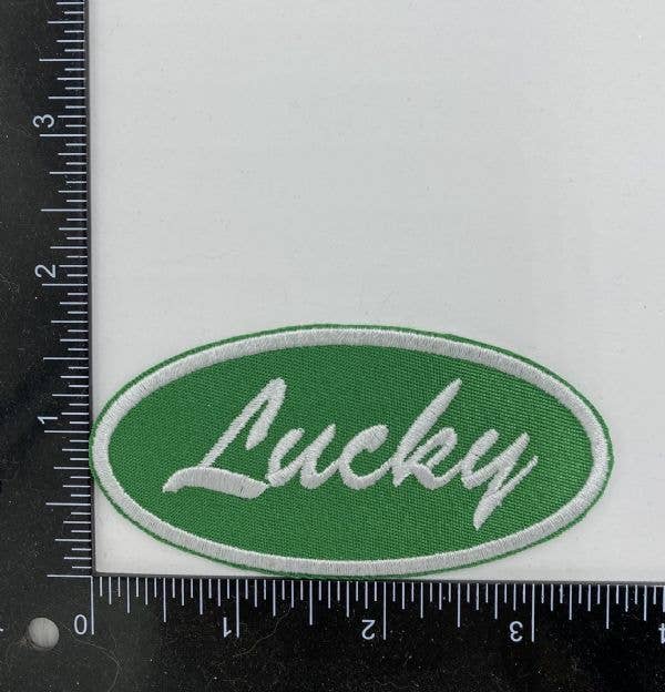 Lucky in Oval, Green, White, Embroidered Iron on Patch