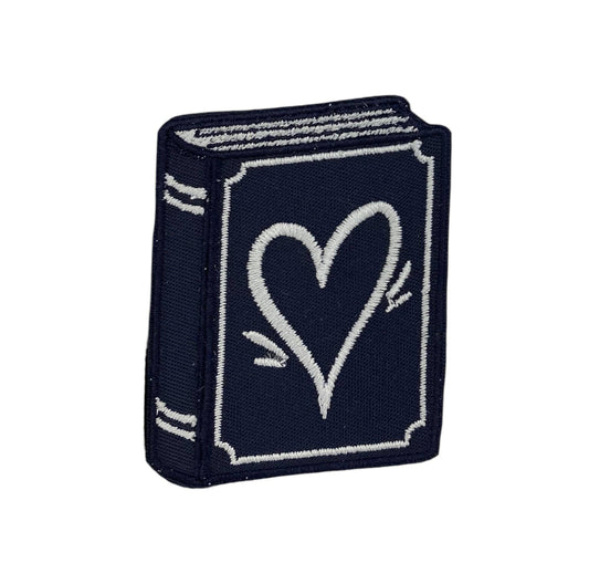 Book with Heart, Navy Embroidered Iron on Patch