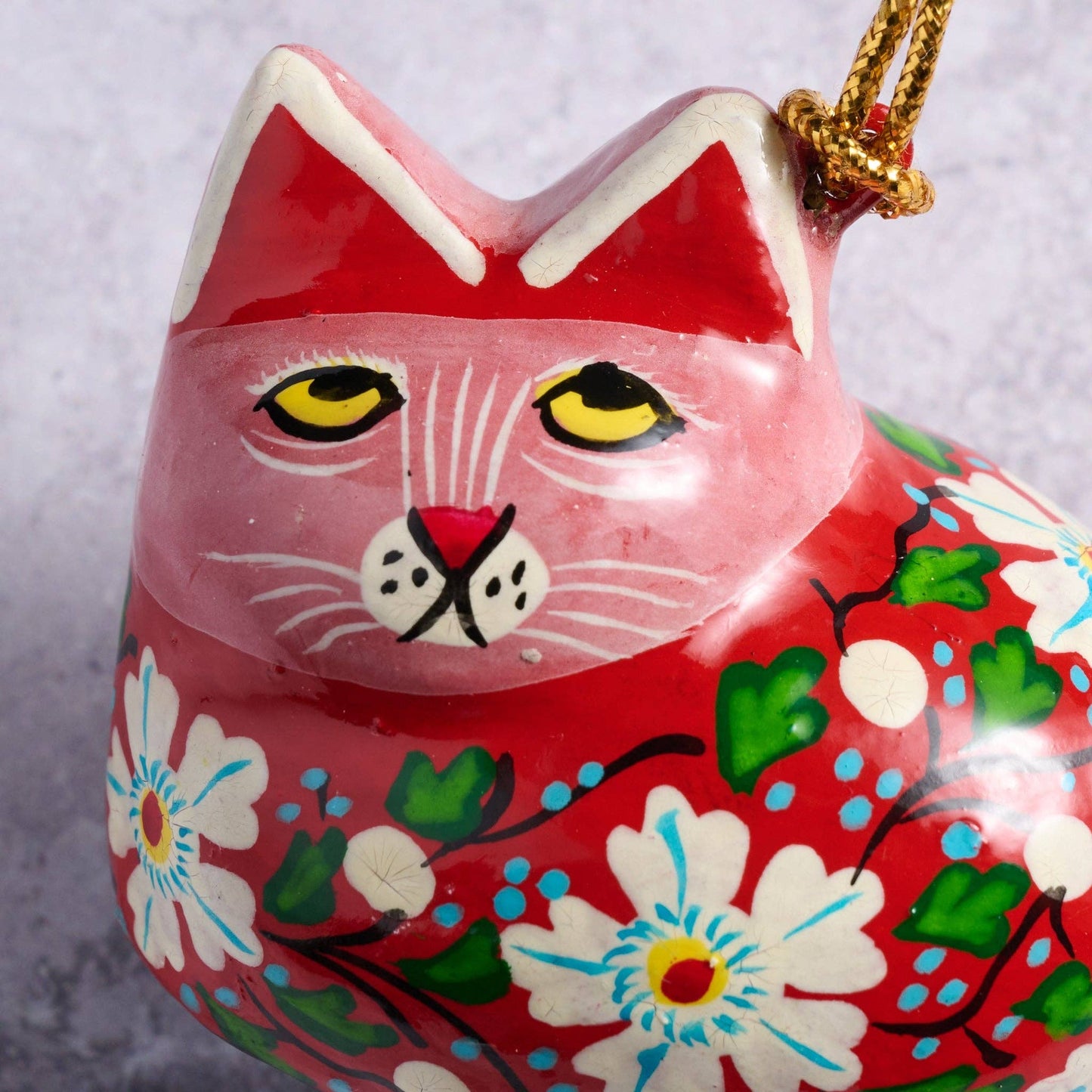 Painted Floral Cat Paper Mache Ornament