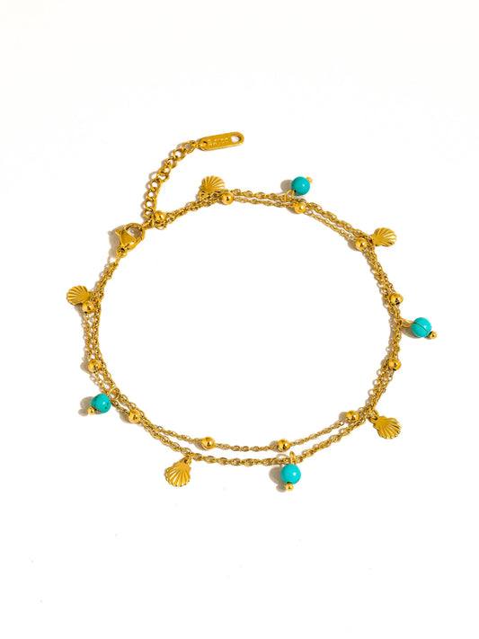 Zinnia 18K Gold Non-Tarnish Beaded Shell Charm Anklets: Blue