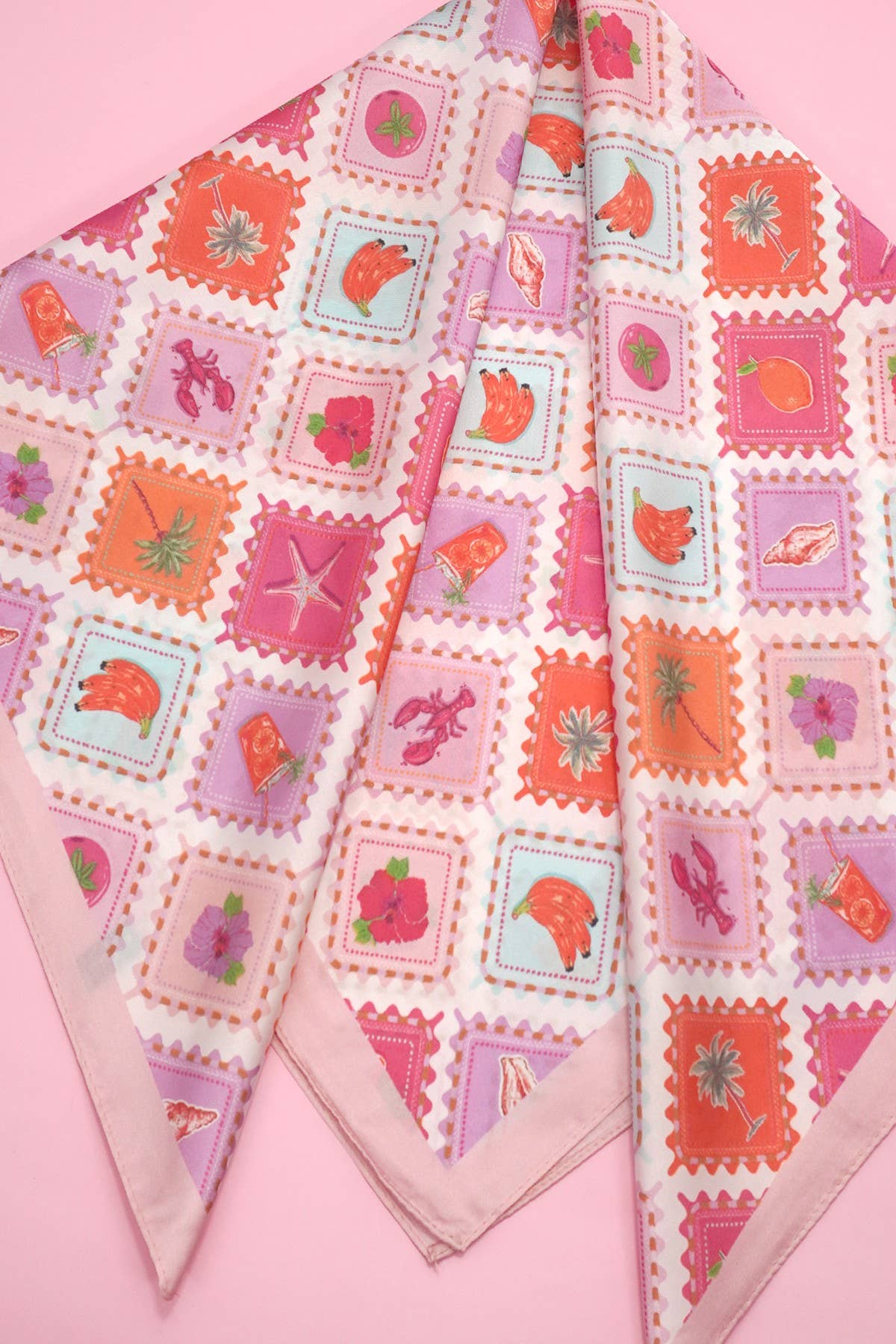 Postal Stamp Lobster Flower Silk Finish Scarf | 40SC731: PINK