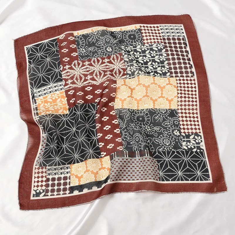 LARGE MIX PATCH FLORAL PRINT BANDANA SCARF | 40SC698: Brown