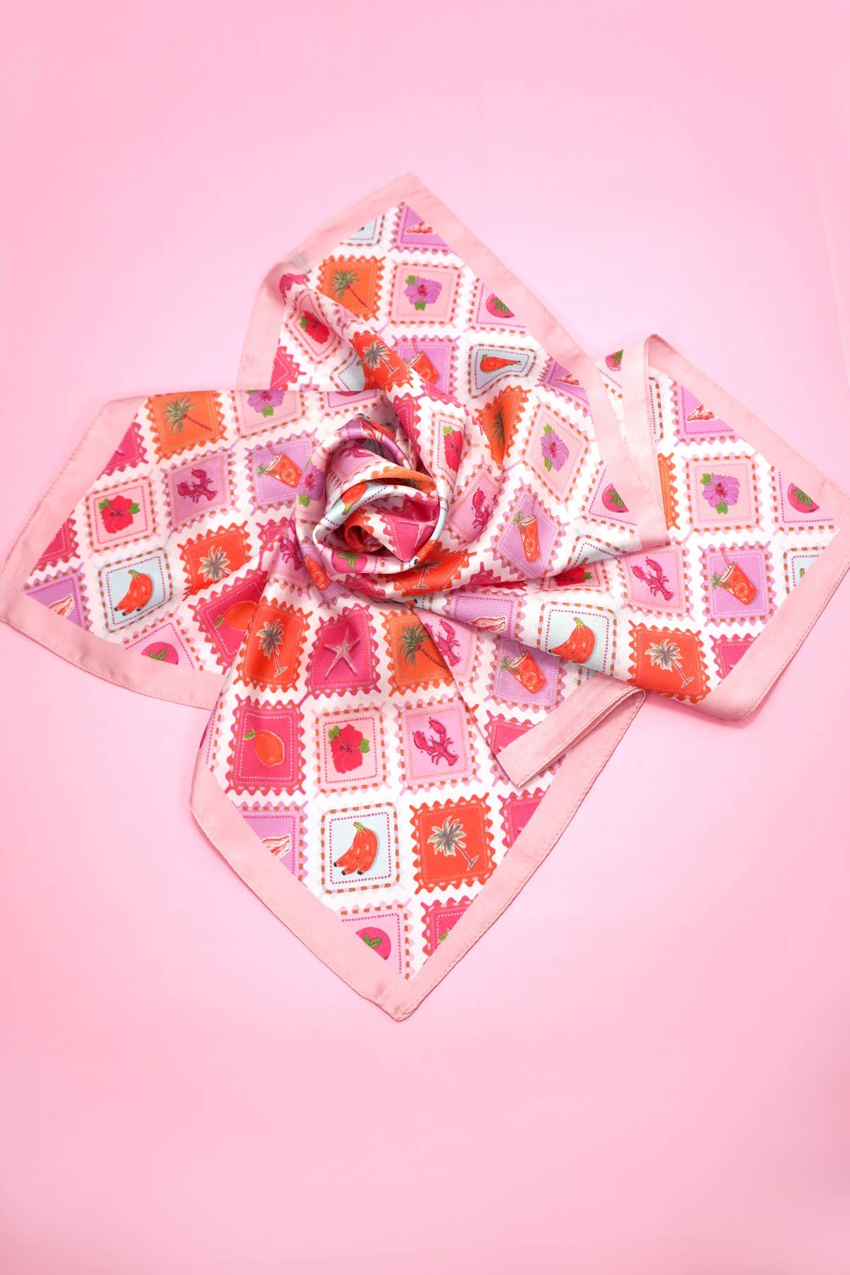 Postal Stamp Lobster Flower Silk Finish Scarf | 40SC731: PINK