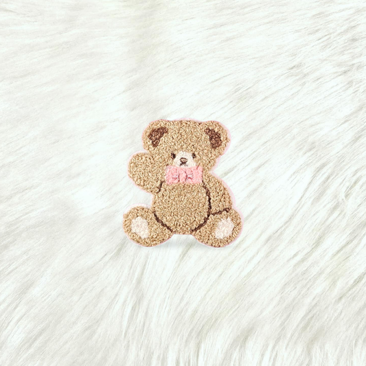 Teddy Bear Pink Bow Small Chenille Iron On Patch