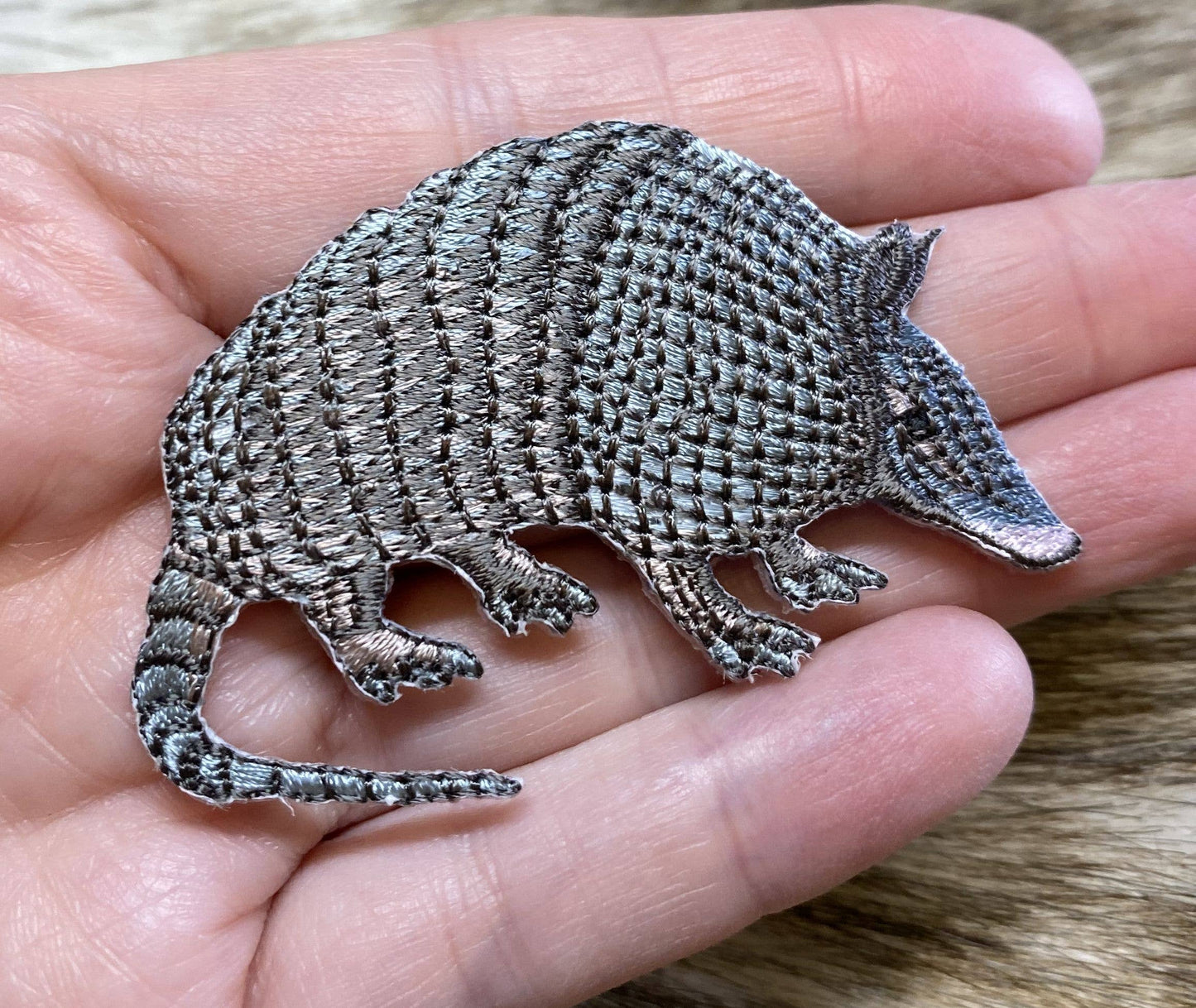 Armadillo - Facing Right, Gray, 9 Nine Banded, Iron On Patch