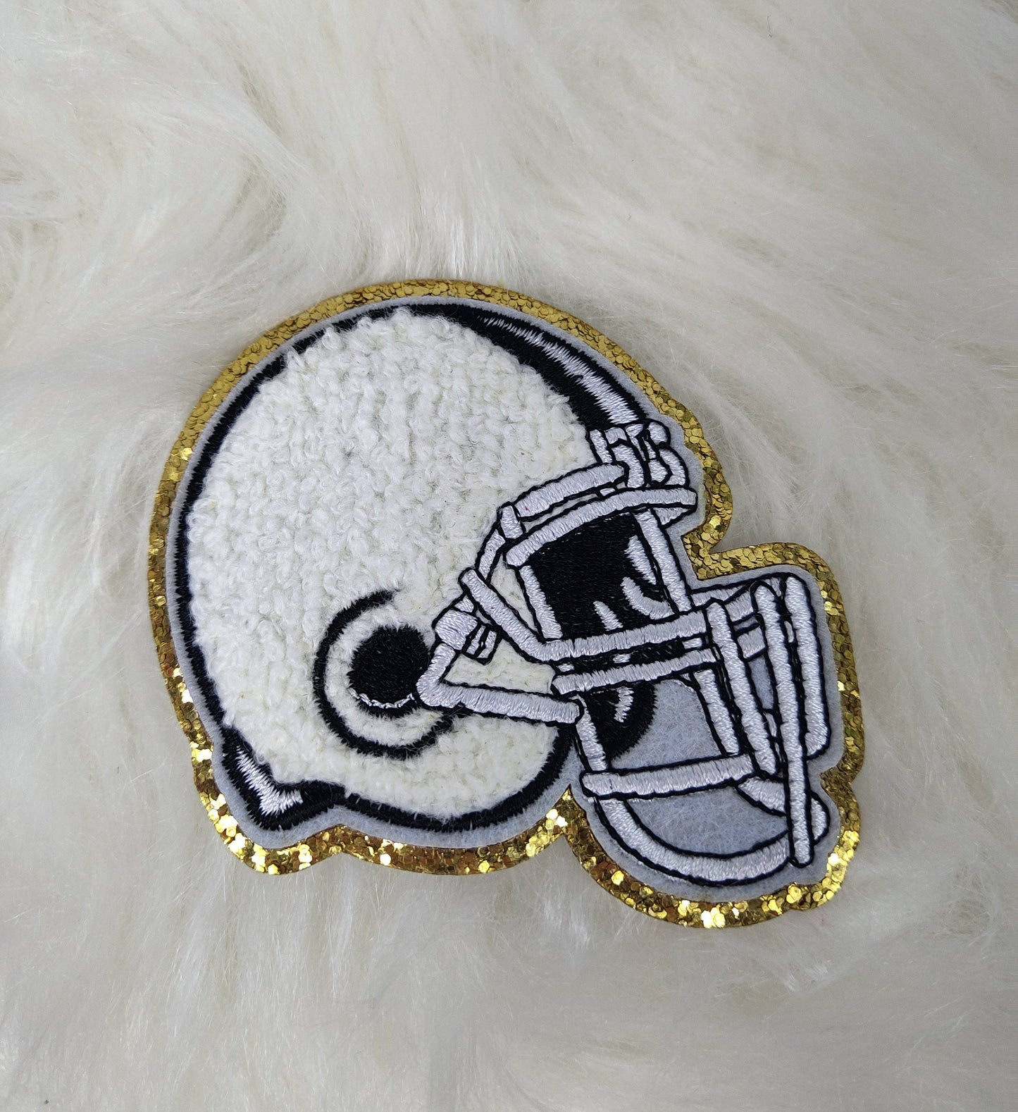 Small Helmet Chenille Glitter Gold Iron On Patch: Orange