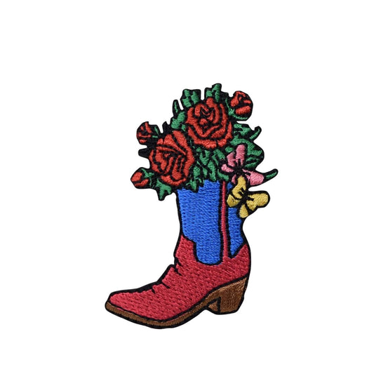 Western Cowgirl Boot and Flowers, Embroidered, Iron on Patch
