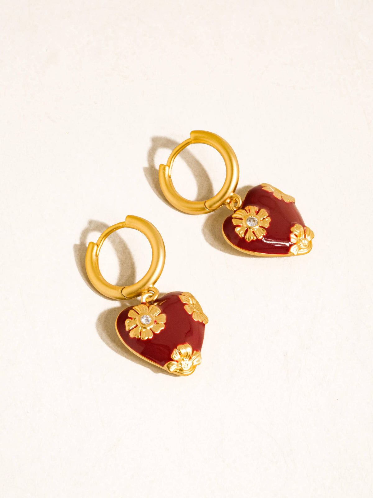 Bea 18K Gold Vintage Floral Heart Earrings: Red